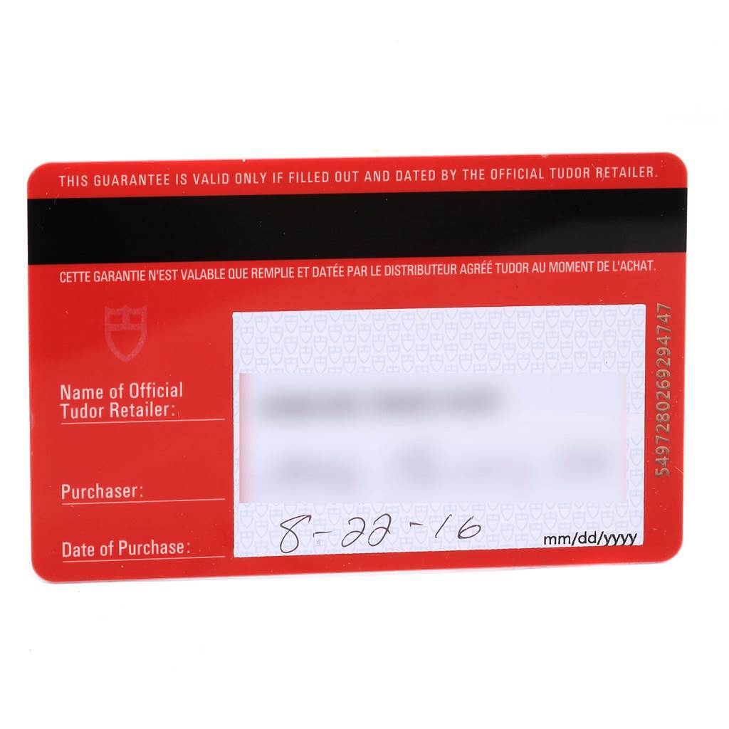 The image shows a guarantee card for the Tudor Heritage Black Bay 79220R Men's Stainless Steel Black Dial 79220R Men's Stainless Steel Black Dial model, dated 8-22-16.