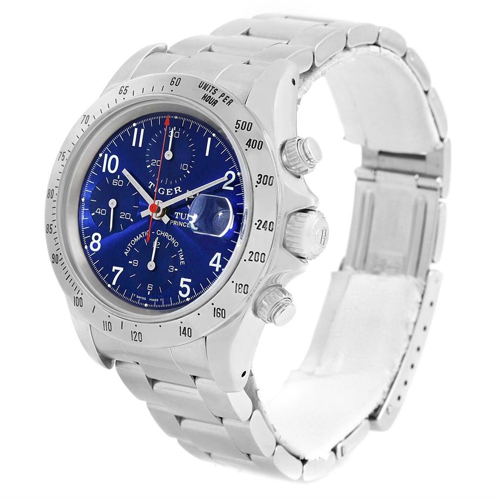 The Tudor Tiger 79280 Men's Stainless Steel Blue Dial 79280 Men's Stainless Steel Blue Dial model watch shown is angled to display the face, bezel, crown, chronograph pushers, and bracelet.