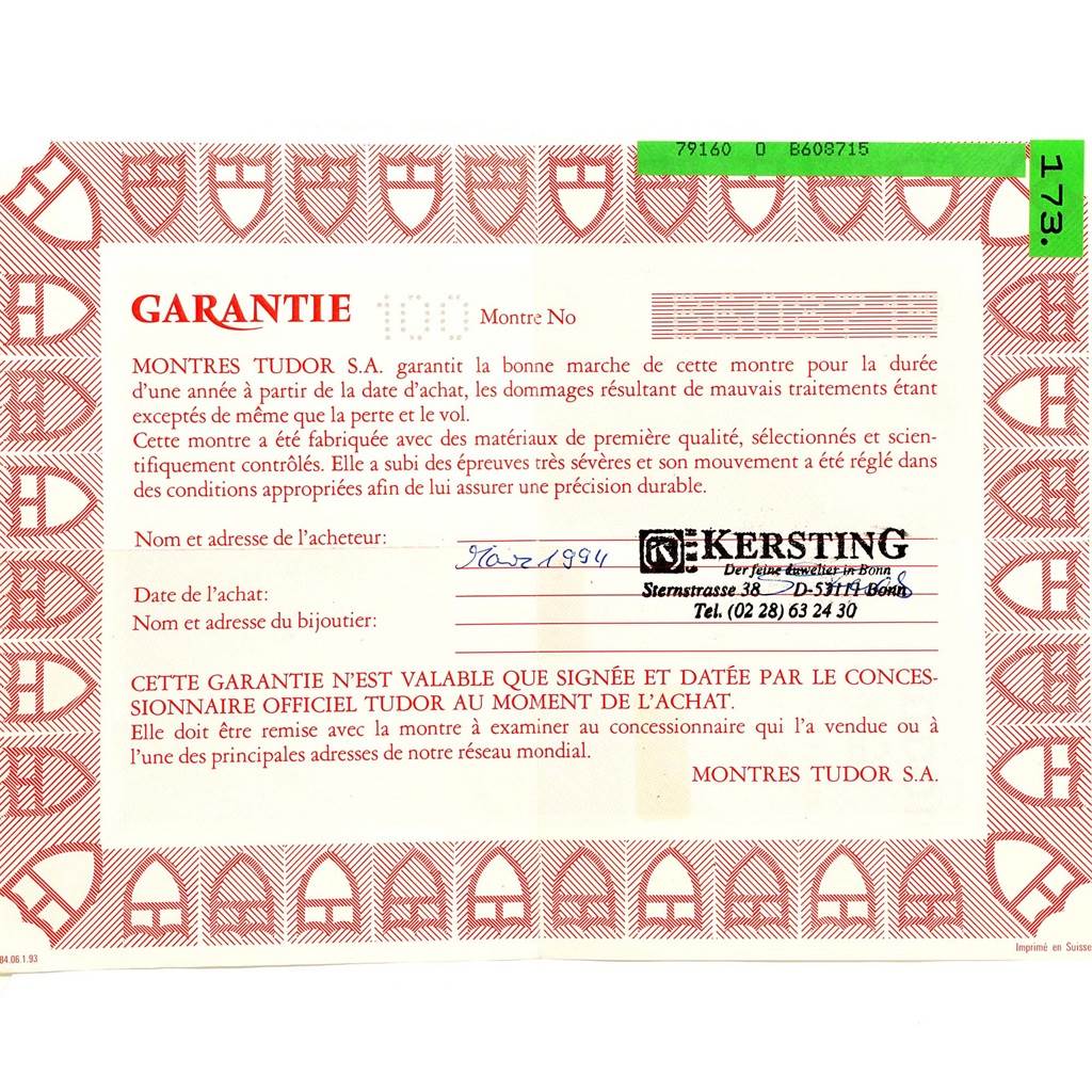 This image shows the warranty card for the Tudor Big Block 79160 Men's Stainless Steel Black Dial 79160 Men's Stainless Steel Black Dial model, featuring purchase details and official dealer information.