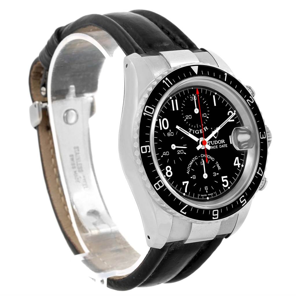 The image shows a side view of the Tudor Tiger 79260 Men's Stainless Steel Black Dial 79260 Men's Stainless Steel Black Dial model watch, highlighting the face, bezel, and leather strap.