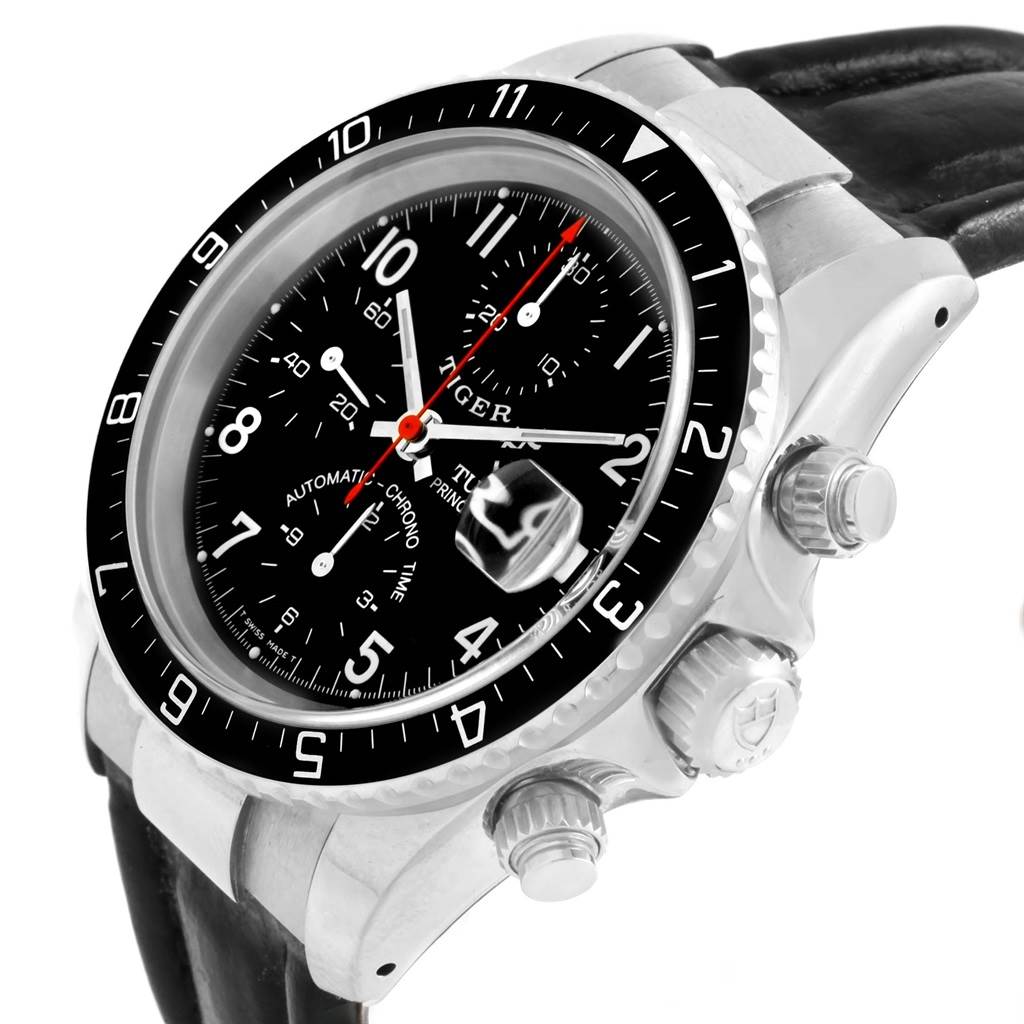 The Tudor Tiger 79260 Men's Stainless Steel Black Dial 79260 Men's Stainless Steel Black Dial model watch is shown at a three-quarter angle, highlighting the dial, bezel, crown, and pushers.