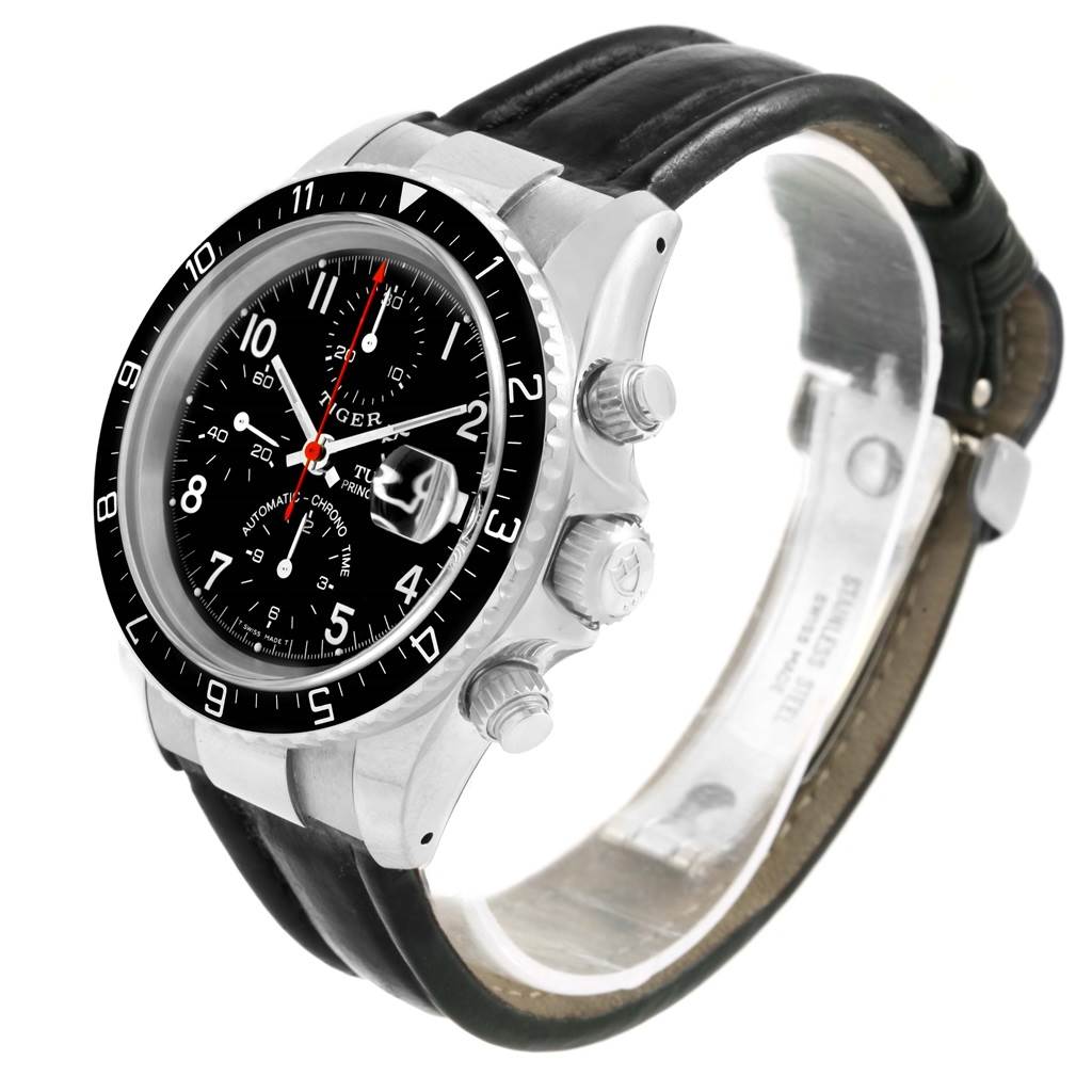 The image shows a Tudor Tiger 79260 Men's Stainless Steel Black Dial 79260 Men's Stainless Steel Black Dial model watch at an angle displaying the face, bezel, three dials, and leather strap.