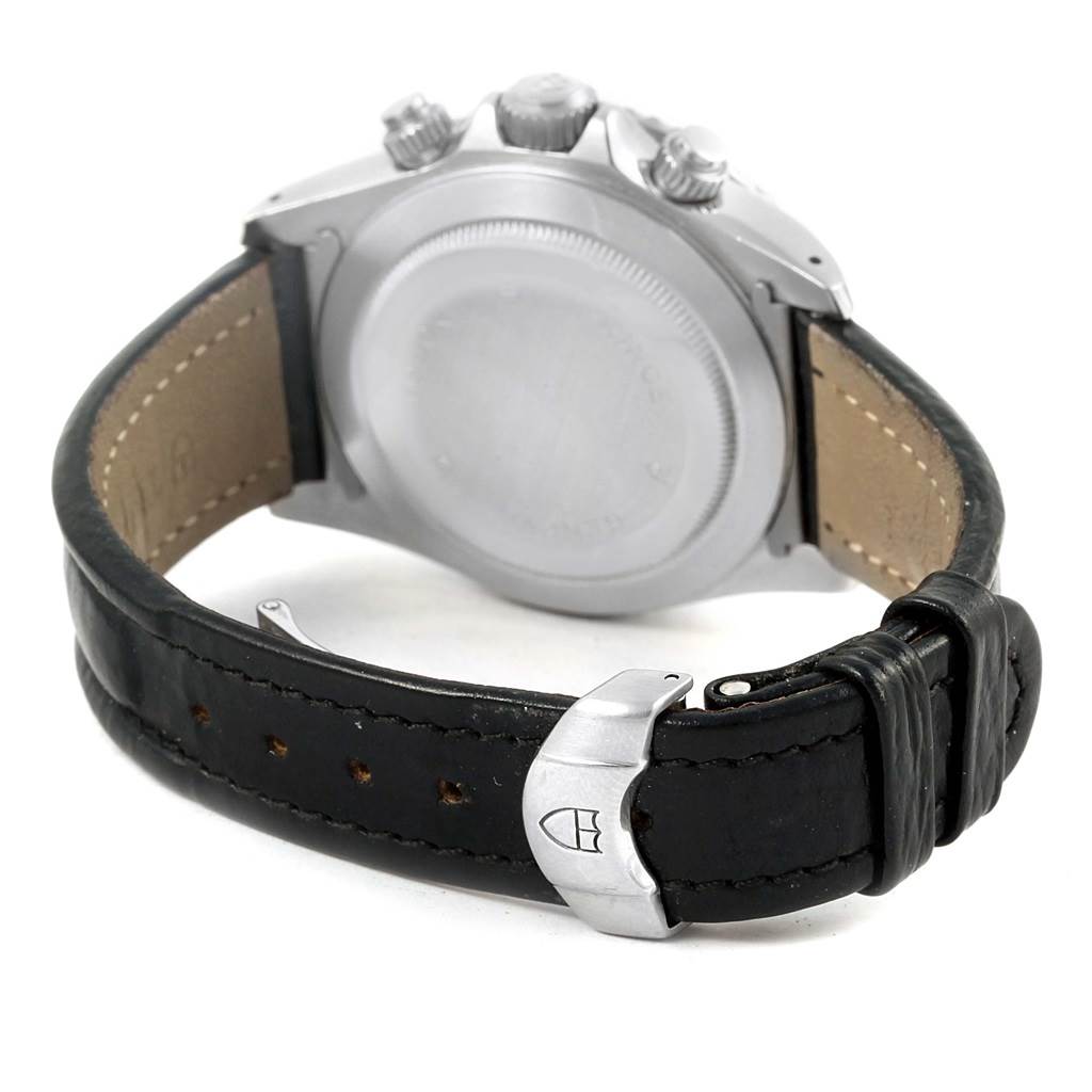 The image shows the backside and strap of the Tudor Tiger 79260 Men's Stainless Steel Black Dial 79260 Men's Stainless Steel Black Dial model watch, highlighting the back case and leather strap with buckle.