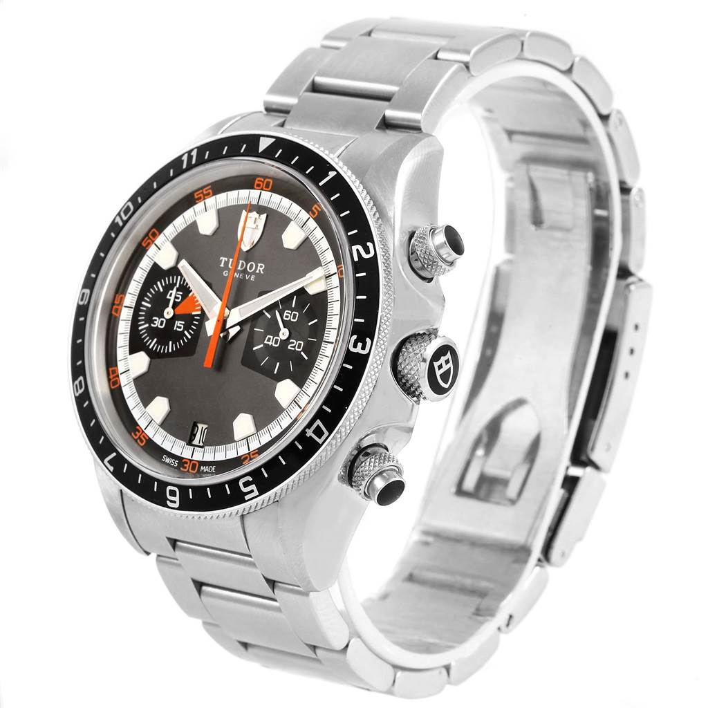 The image shows a Tudor Heritage Chrono 70330N Men's Stainless Steel Grey Dial 70330N Men's Stainless Steel Grey Dial watch at a slight angle, highlighting the face, buttons, and stainless steel bracelet.