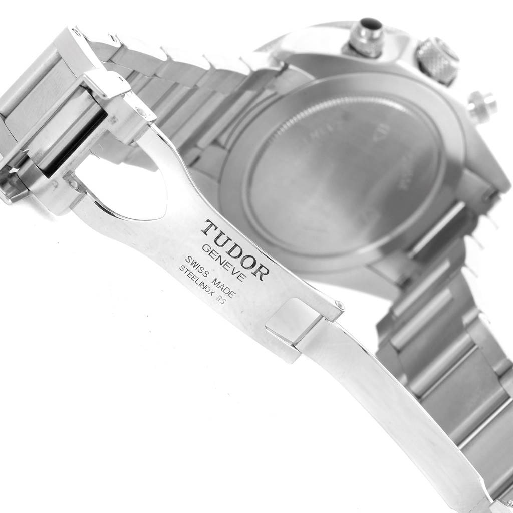 The image shows the watch clasp and rear case of a Tudor Heritage Chrono 70330N Men's Stainless Steel Grey Dial 70330N Men's Stainless Steel Grey Dial model.