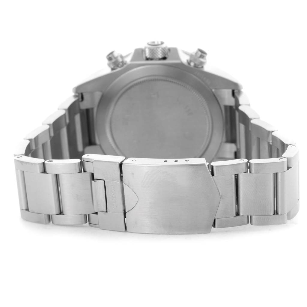 This image shows the back view of a Tudor Heritage Chrono 70330N Men's Stainless Steel Grey Dial 70330N Men's Stainless Steel Grey Dial watch, focusing on the stainless steel bracelet and clasp.