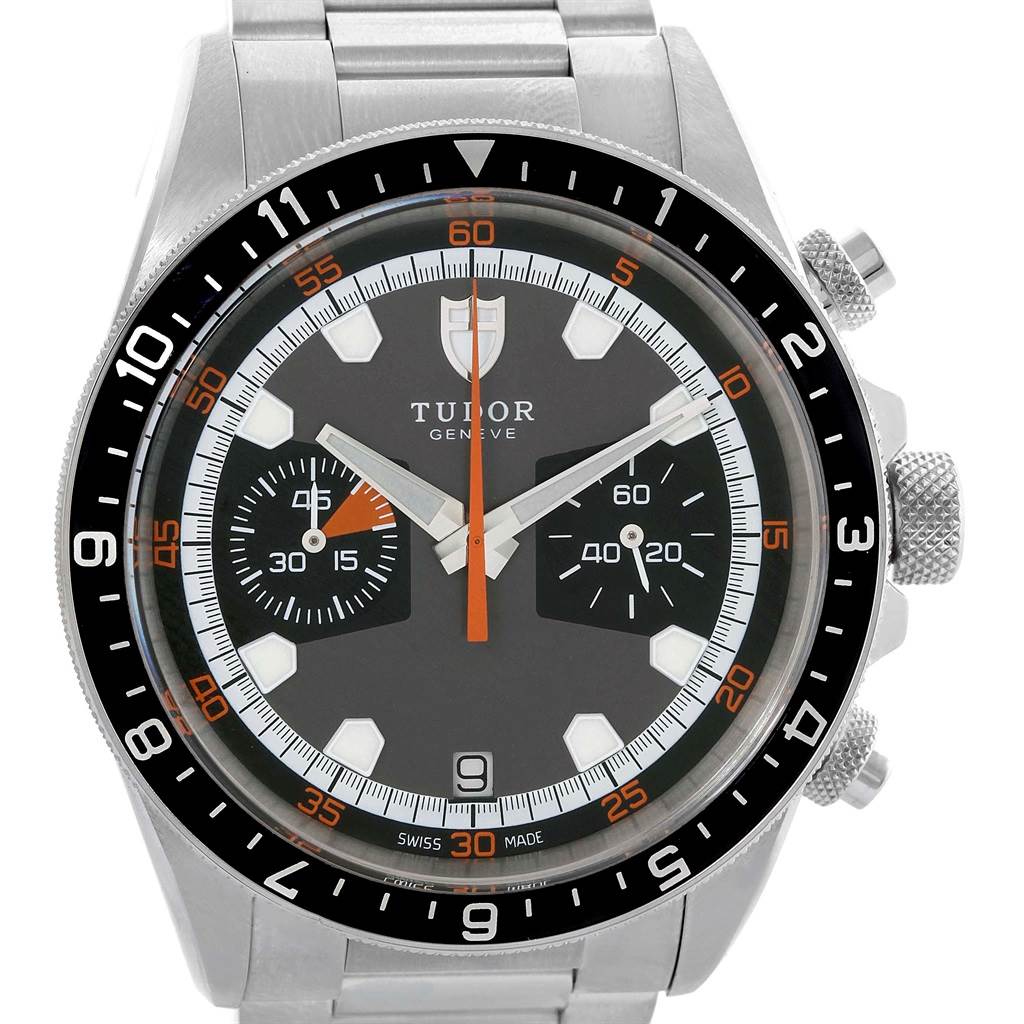 The image shows a front view of a Tudor Heritage Chrono 70330N Men's Stainless Steel Grey Dial 70330N Men's Stainless Steel Grey Dial model, highlighting the dial, bezel, and crown.