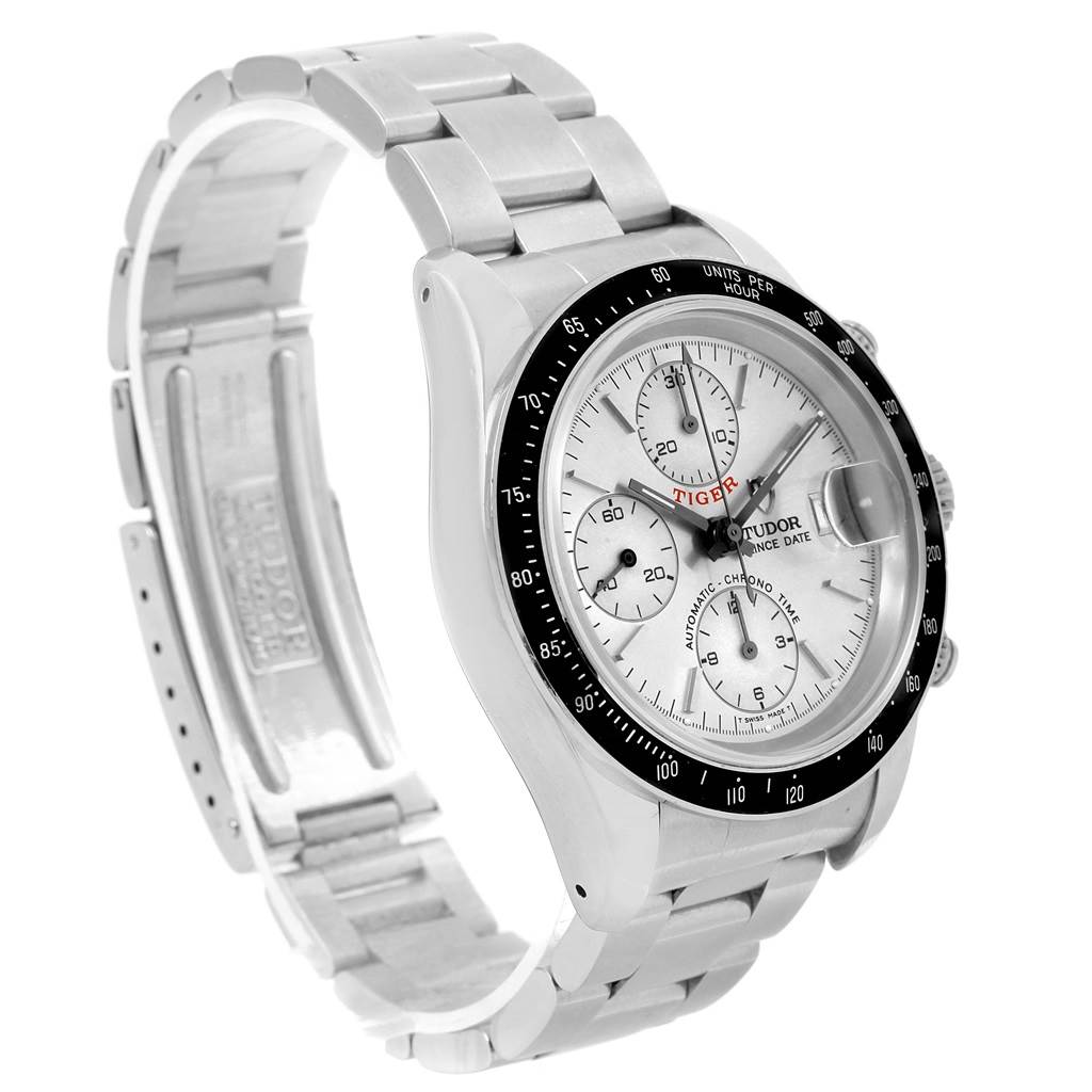 The image shows a Tudor Tiger 79260 Men's Stainless Steel Silver Dial 79260 Men's Stainless Steel Silver Dial model watch angled from the front-left side, displaying its face, bezel, and bracelet.