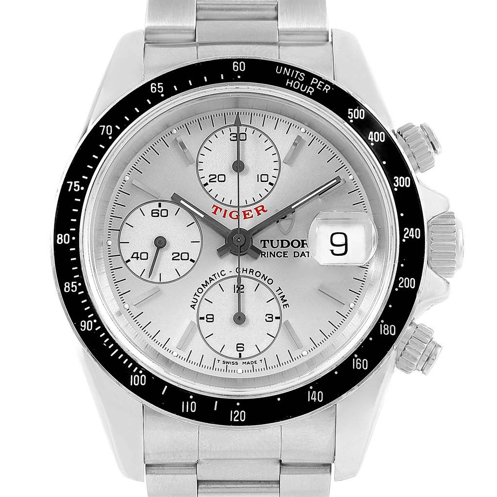 The image shows a frontal view of a Tudor Tiger 79260 Men's Stainless Steel Silver Dial 79260 Men's Stainless Steel Silver Dial model watch, highlighting its dial, chronograph subdials, bezel, and date window.