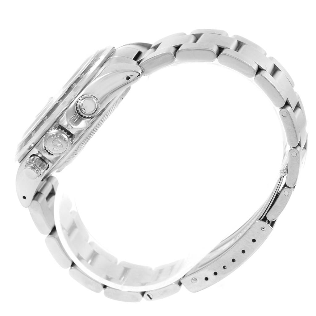 The image shows the side profile of the Tudor Tiger 79260 Men's Stainless Steel Silver Dial 79260 Men's Stainless Steel Silver Dial watch, highlighting its crown, pushers, and metal bracelet.