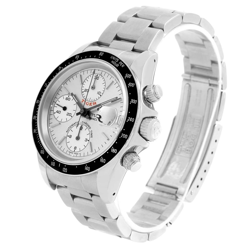 The Tudor Tiger 79260 Men's Stainless Steel Silver Dial 79260 Men's Stainless Steel Silver Dial model watch is shown at a three-quarter angle, displaying its dial, bezel, crown, and bracelet.