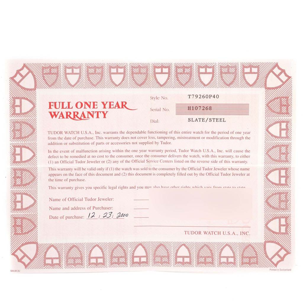 The image shows a full one-year warranty card for the Tudor Tiger 79260 Men's Stainless Steel Silver Dial 79260 Men's Stainless Steel Silver Dial model watch.