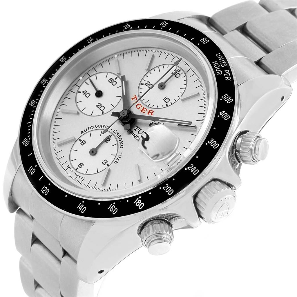 The image shows a close-up of the Tudor Tiger 79260 Men's Stainless Steel Silver Dial 79260 Men's Stainless Steel Silver Dial model watch, featuring the dial, bezel, crown, pushers, and part of the bracelet.