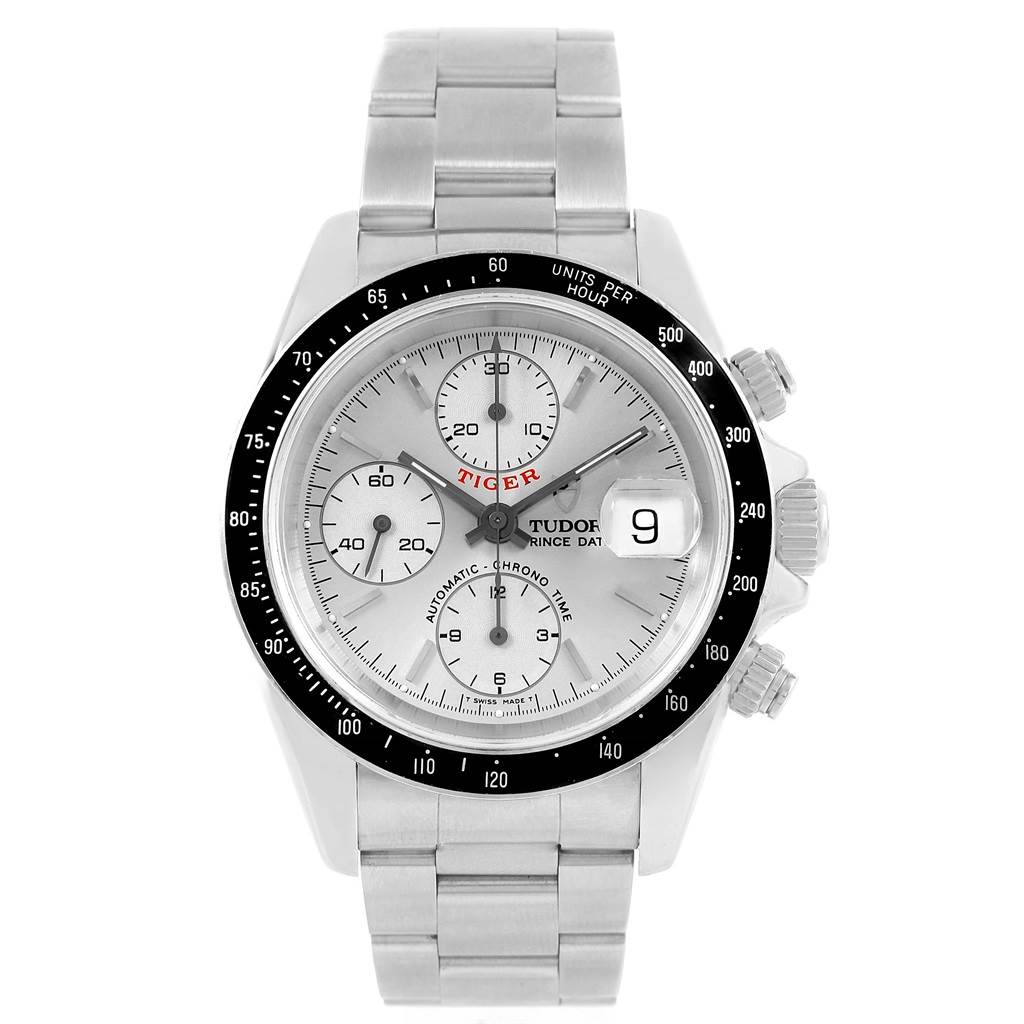 The Tudor Tiger 79260 Men's Stainless Steel Silver Dial 79260 Men's Stainless Steel Silver Dial watch displayed shows a front view including the face, bezel, chronograph dials, date window, and metal bracelet.