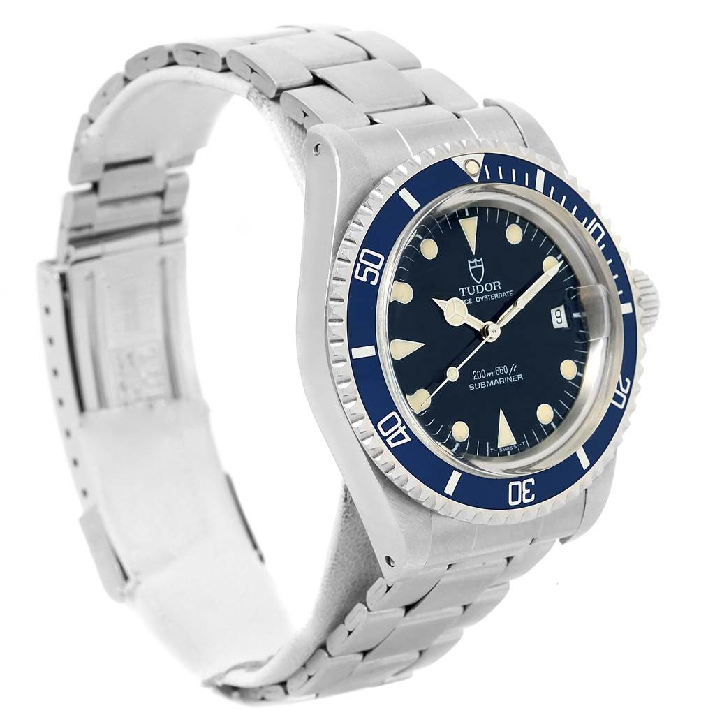 The image shows a Tudor Submariner 79090 Men's Stainless Steel Black Dial 79090 Men's Stainless Steel Black Dial watch at an angle displaying the bezel, dial, case, crown, and bracelet.