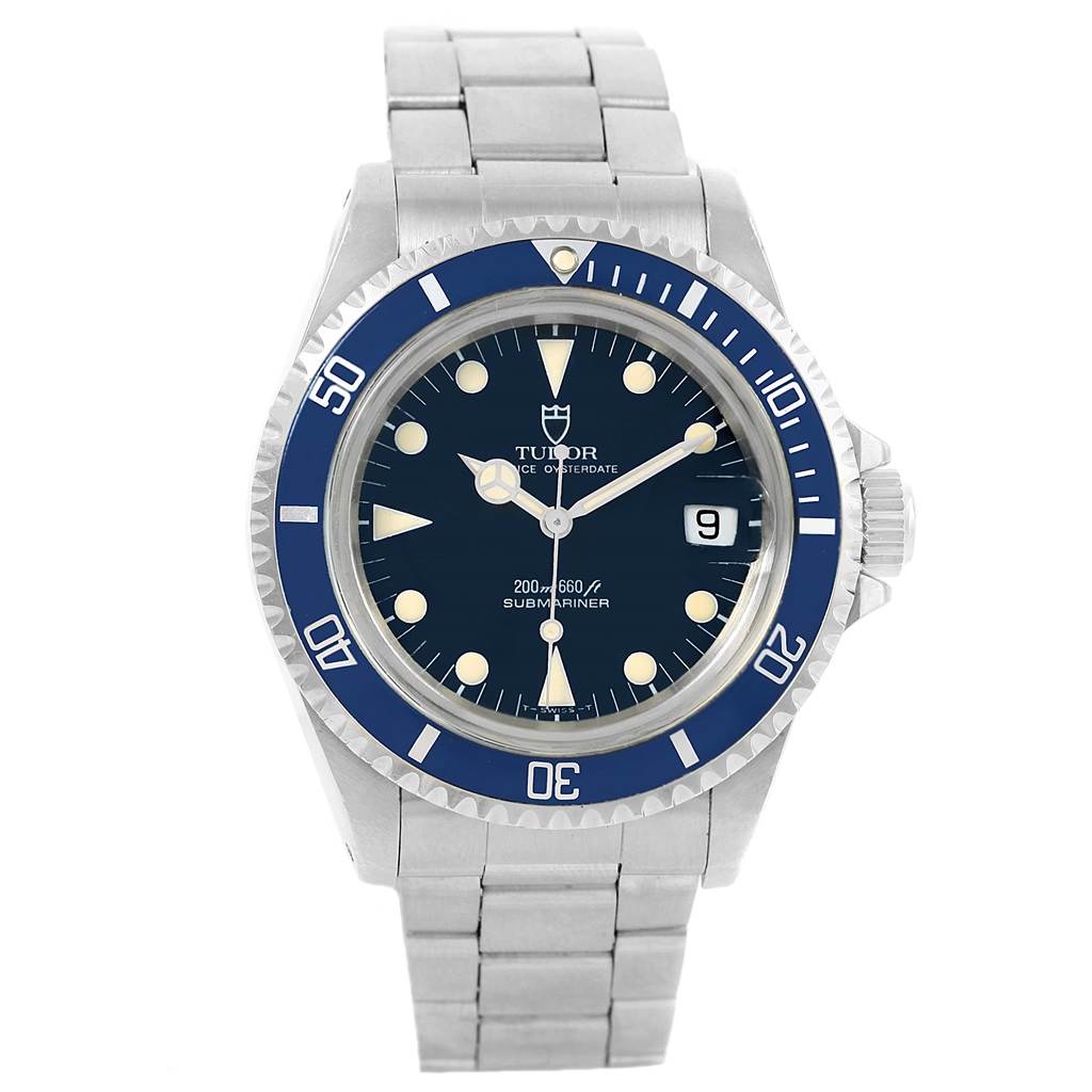This image shows a front view of the Tudor Submariner 79090 Men's Stainless Steel Black Dial 79090 Men's Stainless Steel Black Dial watch, highlighting the dial, bezel, and metal bracelet.