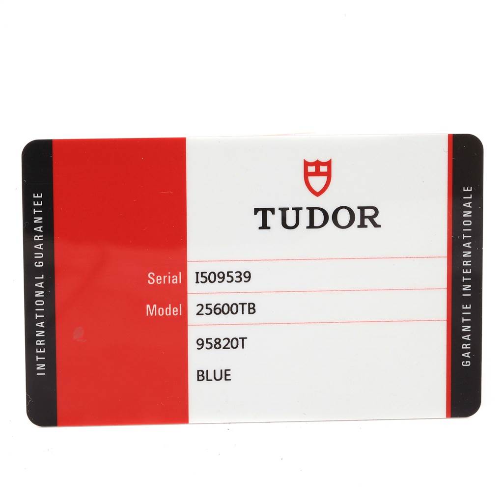 The image shows the international guarantee card for the Tudor Pelagos 25600 Men's Titanium Blue Dial 25600 Men's Titanium Blue Dial model 25600TB.