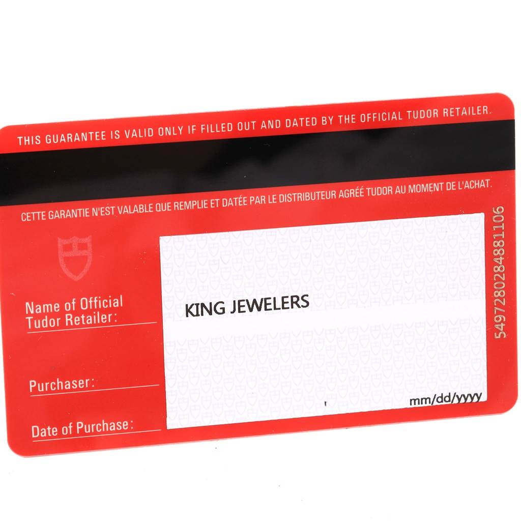 This image shows a warranty card for the Pelagos model by Tudor from an official retailer.