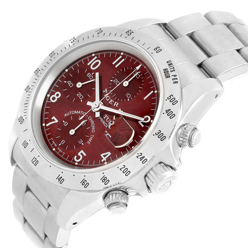 The Tudor Tiger 79280 Men's Stainless Steel Burgundy Dial 79280 Men's Stainless Steel Burgundy Dial model watch is shown at an angle displaying the dial, crown, and part of the bracelet.