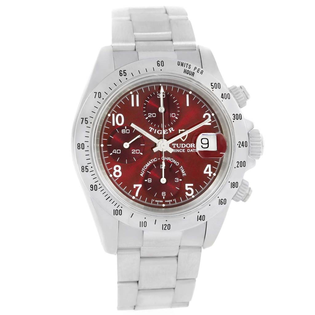 This is a front view of a Tudor Tiger 79280 Men's Stainless Steel Burgundy Dial 79280 Men's Stainless Steel Burgundy Dial model watch, showing the dial, bezel, buttons, and bracelet.