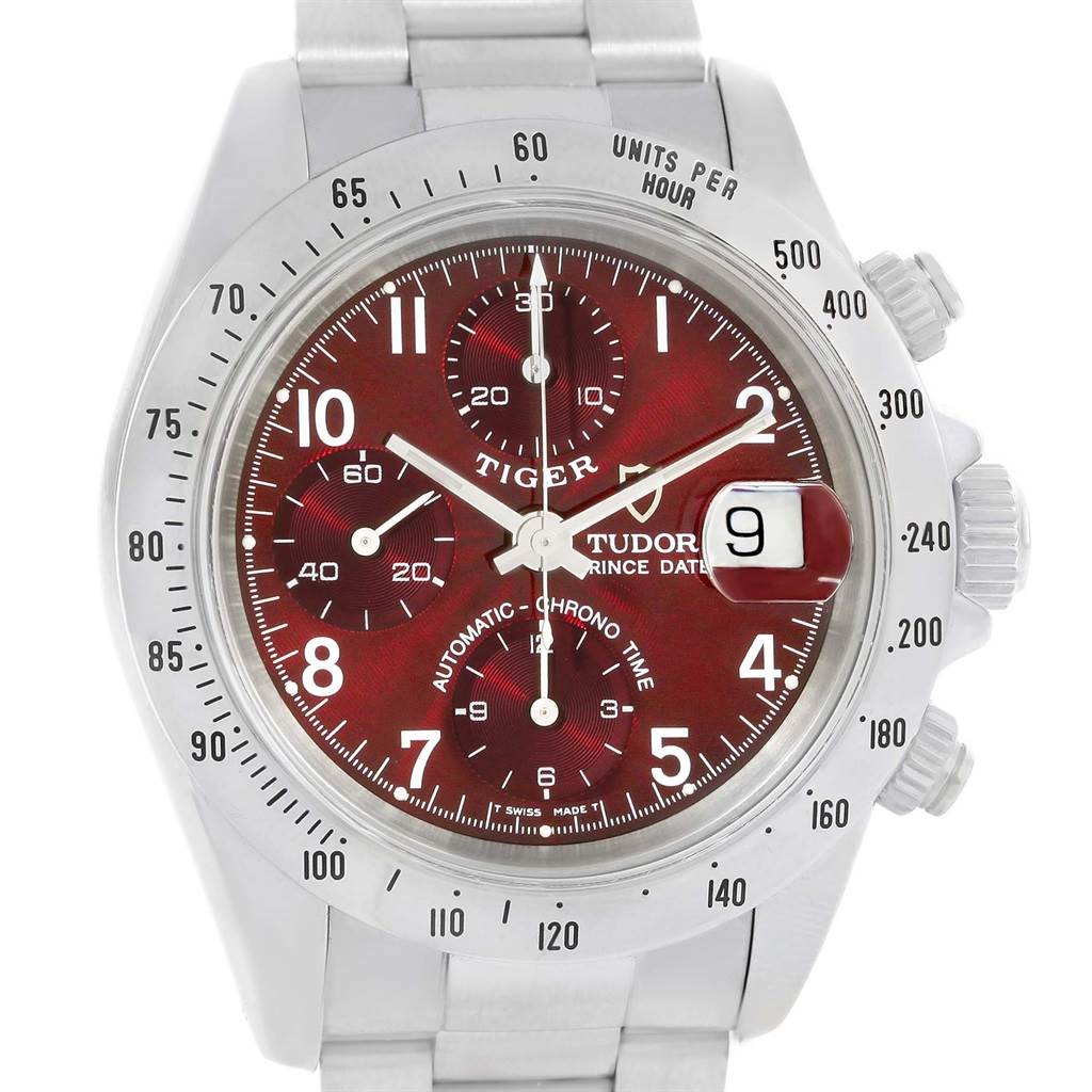 The image shows the front view of a Tudor Tiger 79280 Men's Stainless Steel Burgundy Dial 79280 Men's Stainless Steel Burgundy Dial watch, highlighting the dial, bezel, date window, and chronograph buttons.