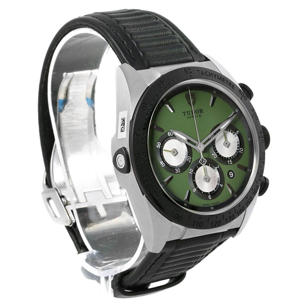 The Tudor Fastrider 42010N Men
s Stainless Steel Green Dial 42010N Men
s Stainless Steel Green Dial watch is angled slightly to the left, showcasing the front face, side buttons, and black strap.