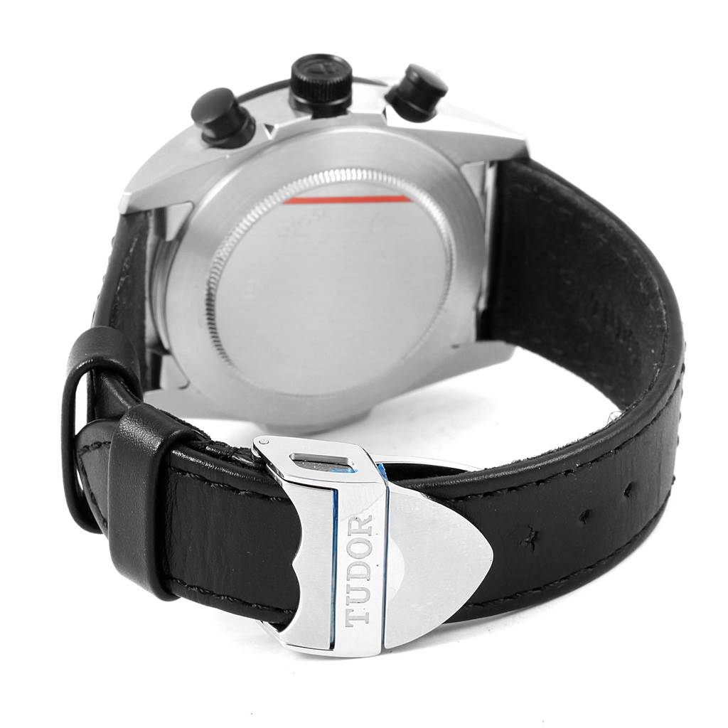 This image shows the back and side of the Tudor Fastrider 42010N Men
s Stainless Steel Green Dial 42010N Men
s Stainless Steel Green Dial watch, including its black leather strap and clasp with the Tudor logo.