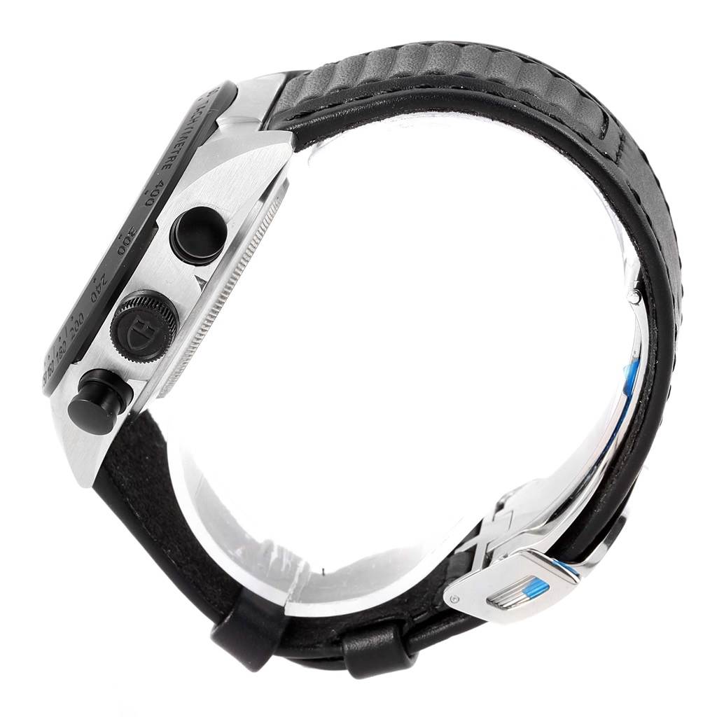 Side view of the Tudor Fastrider 42010N Men
s Stainless Steel Green Dial 42010N Men
s Stainless Steel Green Dial watch showing the crown, pushers, and part of the strap.