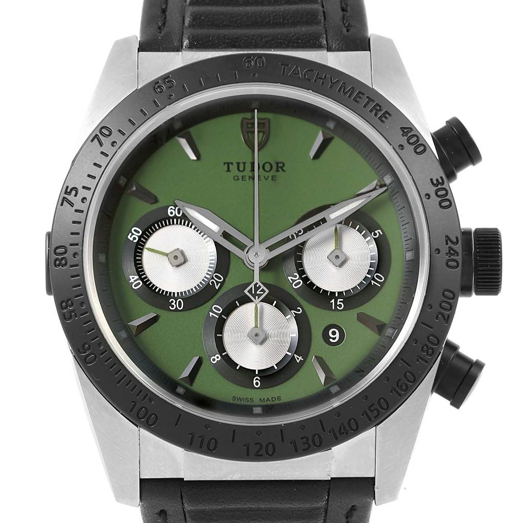 The image shows a frontal view of the Tudor Fastrider 42010N Men
s Stainless Steel Green Dial 42010N Men
s Stainless Steel Green Dial watch, highlighting its green dial, tachymeter bezel, and subdials.