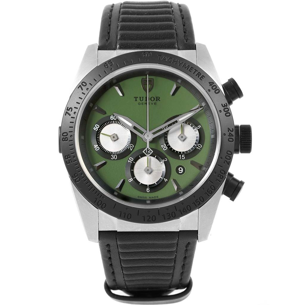 This image shows a Tudor Fastrider 42010N Men
s Stainless Steel Green Dial 42010N Men
s Stainless Steel Green Dial watch front-on, highlighting its green dial, chronograph subdials, and black leather strap.
