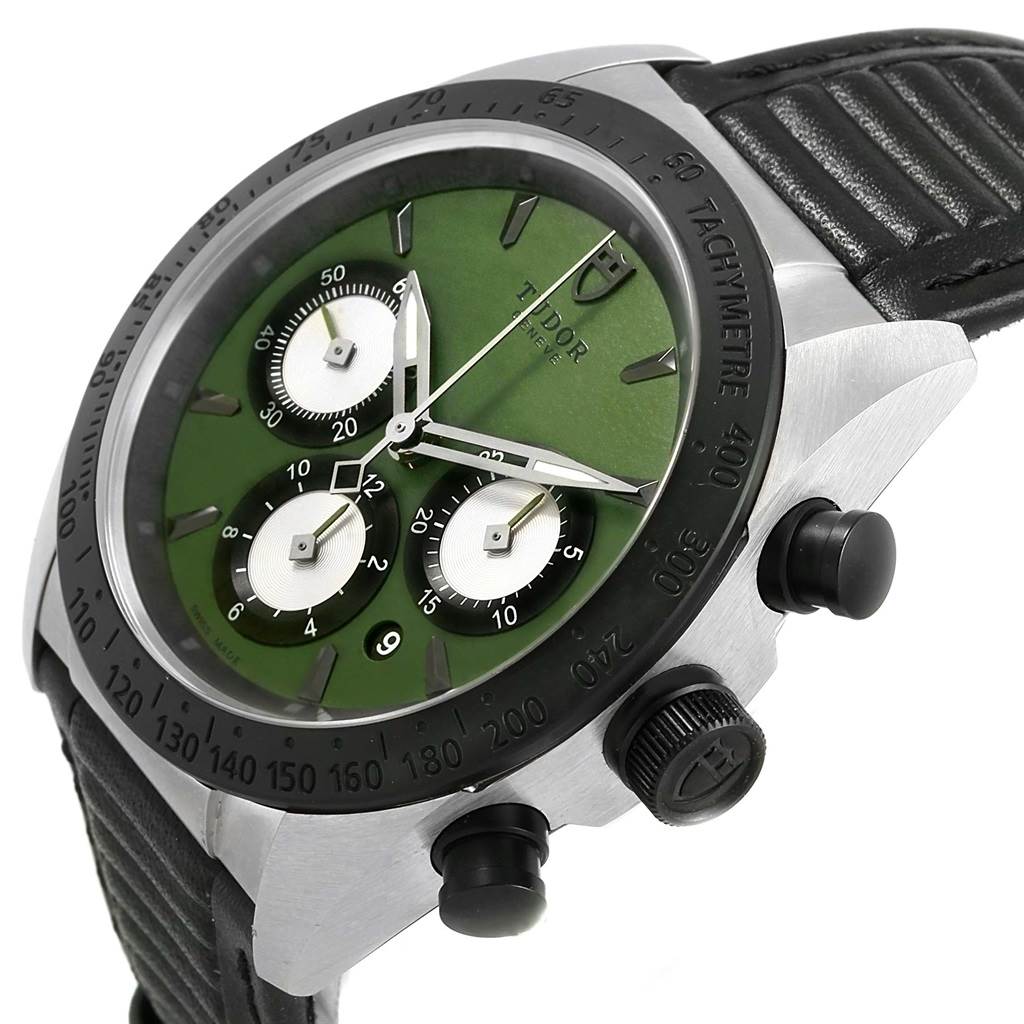 The image shows a Tudor Fastrider 42010N Men
s Stainless Steel Green Dial 42010N Men
s Stainless Steel Green Dial watch from a front-side angle, highlighting the green dial, subdials, bezel, and pushers.