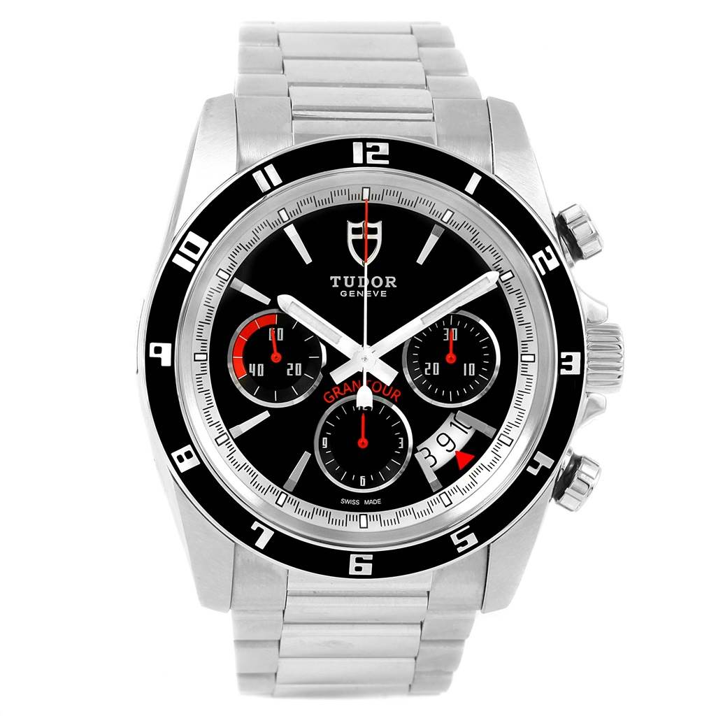 The Tudor Grantour 20530N-95730 Men's Stainless Steel Black Dial 20530N-95730 Men's Stainless Steel Black Dial watch is shown from a front angle, displaying its face, dial, three subdials, bezel, and bracelet.
