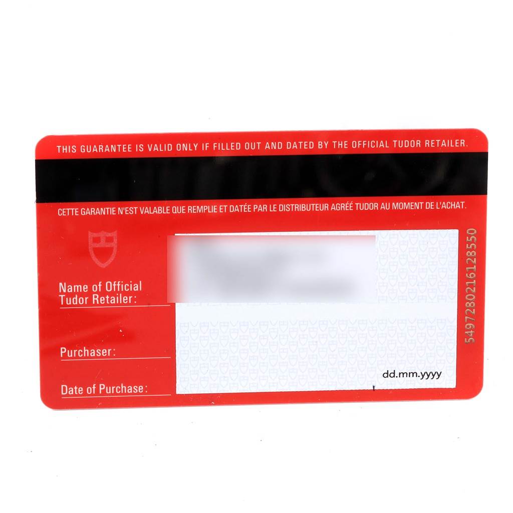 This image shows the official warranty card for the Tudor Grantour 20530N-95730 Men's Stainless Steel Black Dial 20530N-95730 Men's Stainless Steel Black Dial model, with fields for the retailer's name, purchaser, and date of purchase.