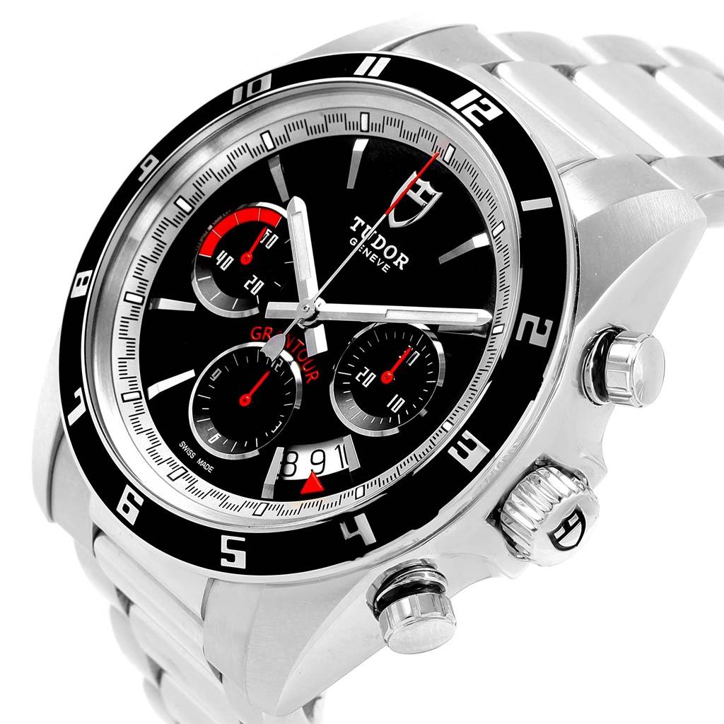 This image shows the front and right side of the Tudor Grantour 20530N-95730 Men's Stainless Steel Black Dial 20530N-95730 Men's Stainless Steel Black Dial watch, highlighting the dial, bezel, and side pushers/crown.