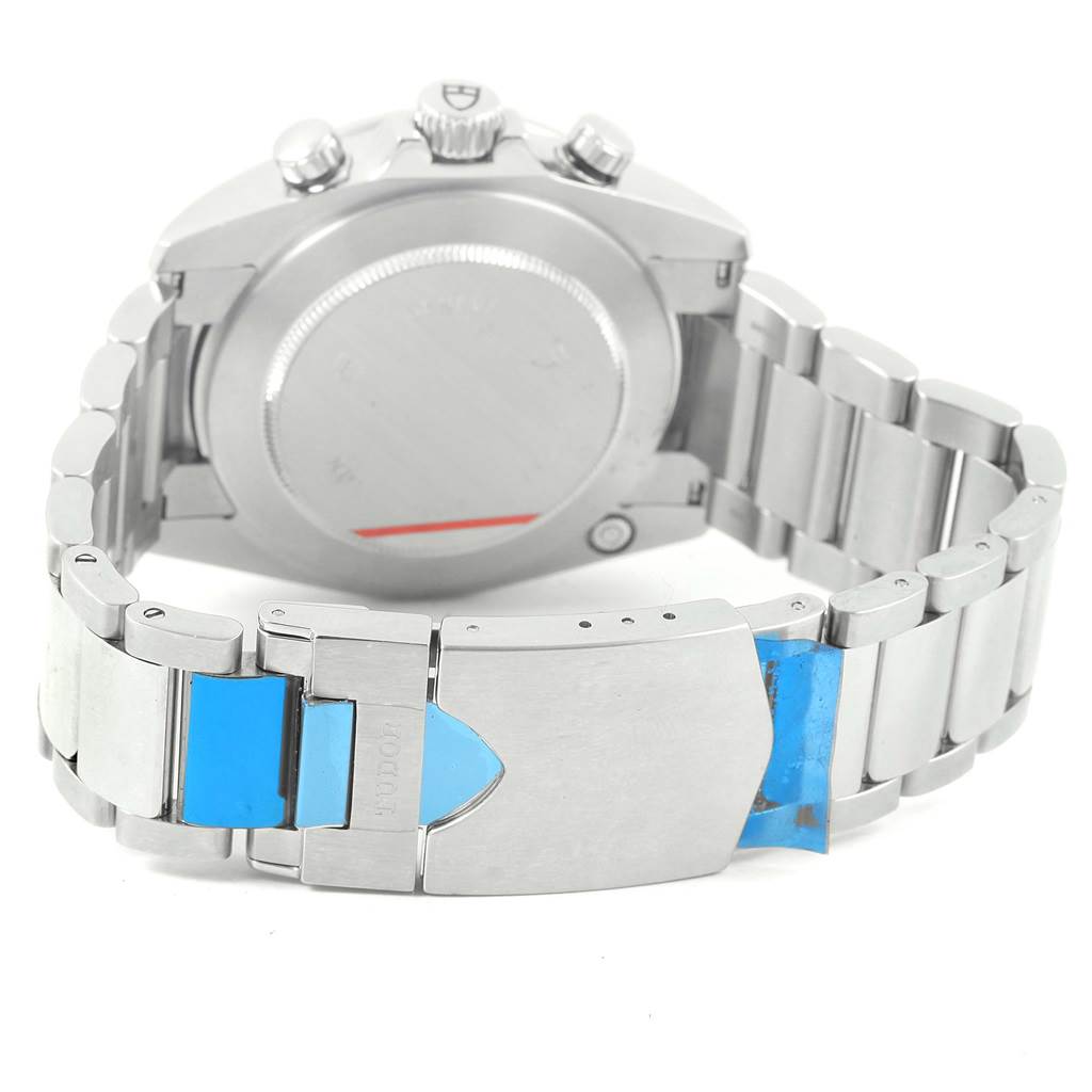 This image shows the back case and bracelet clasp of the Tudor Grantour 20530N-95730 Men's Stainless Steel Black Dial 20530N-95730 Men's Stainless Steel Black Dial watch, viewed from the bottom angle.