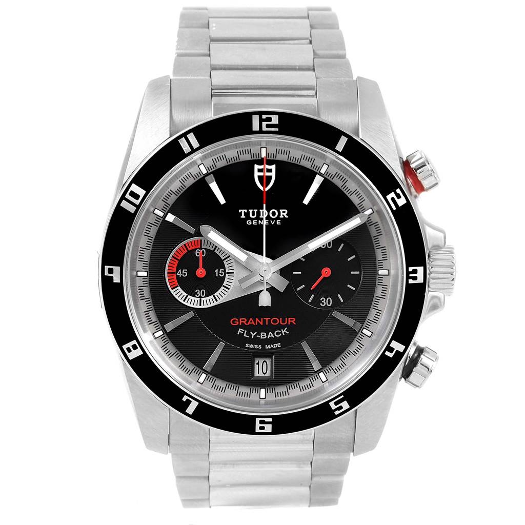 The Tudor Grantour 20550N Men
s Stainless Steel Black Dial 20550N Men
s Stainless Steel Black Dial watch is shown from a front view, displaying its face, bezel, pushers, and bracelet.