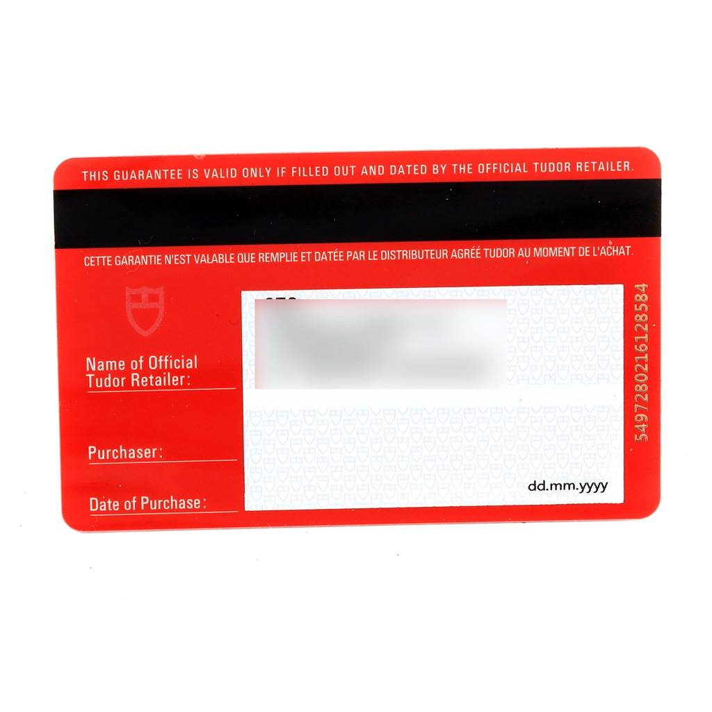 This is the warranty card for the Tudor Grantour 20550N Men
s Stainless Steel Black Dial 20550N Men
s Stainless Steel Black Dial model, showing details such as the retailer name and purchase date.