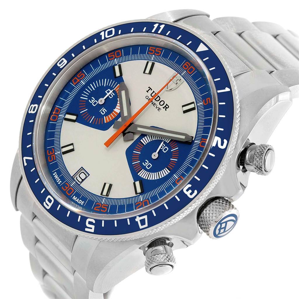 The Tudor Heritage Chrono 70330 Men's Stainless Steel Blue Dial 70330 Men's Stainless Steel Blue Dial watch is shown at a three-quarter angle, featuring its dial, bezel, and bracelet.