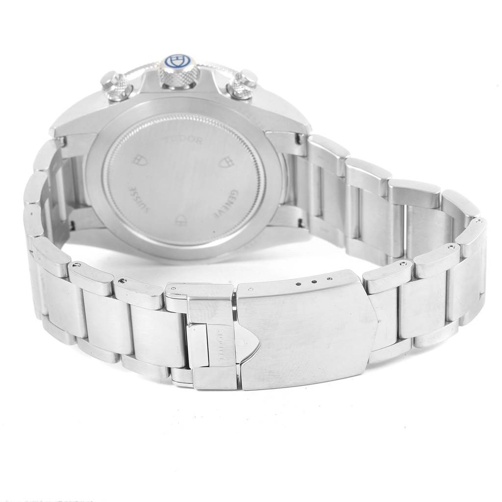 The image shows the back and bracelet of the Tudor Heritage Chrono 70330 Men's Stainless Steel Blue Dial 70330 Men's Stainless Steel Blue Dial watch.