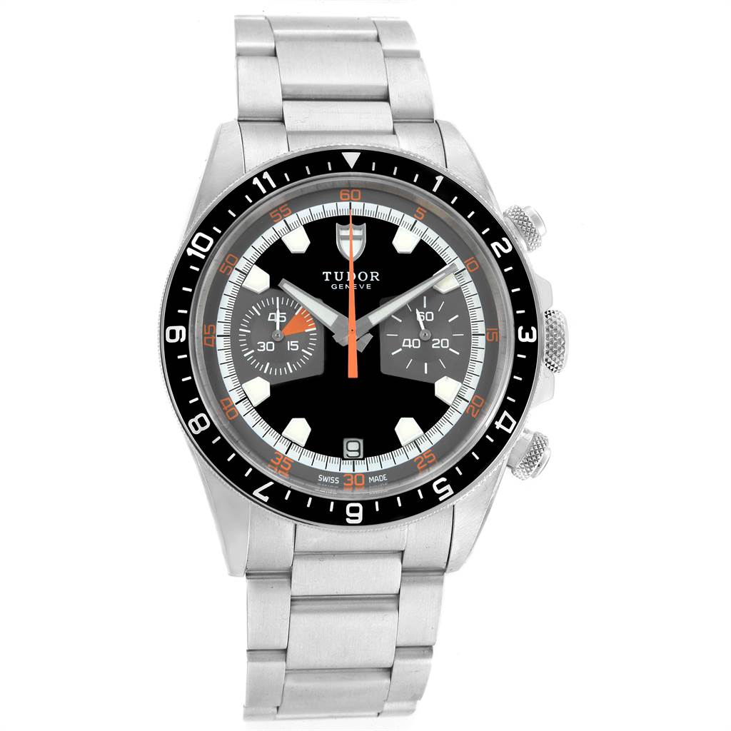 The image shows a front view of the Tudor Heritage Chrono 70330N Men's Stainless Steel Grey Dial 70330N Men's Stainless Steel Grey Dial watch featuring dials, crown, pushers, bezel, and stainless steel bracelet.