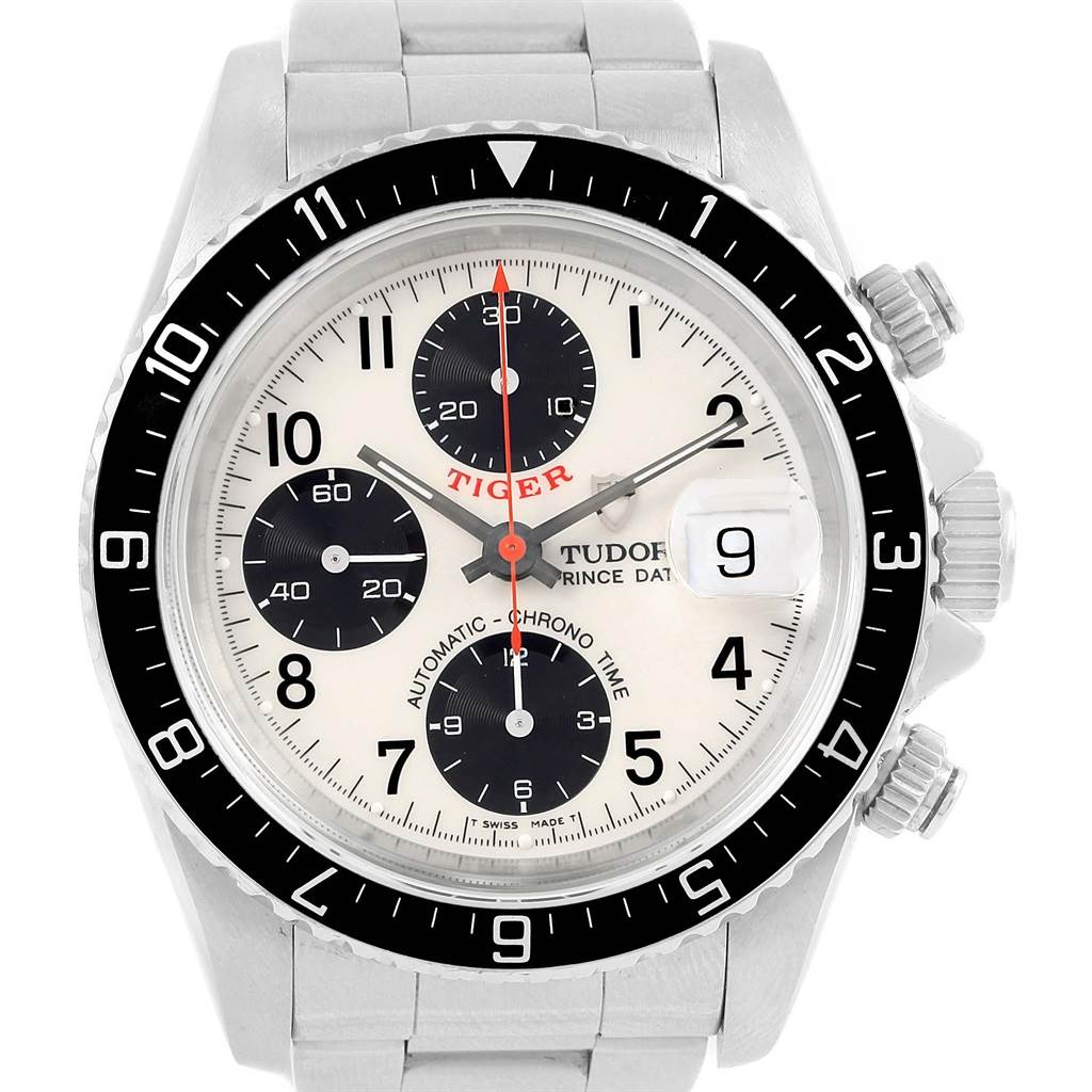 This image shows a front view of the Tudor Tiger 79270 Men's Stainless Steel White Dial 79270 Men's Stainless Steel White Dial model watch, highlighting the dial, bezel, and the right-side crown/pushers.