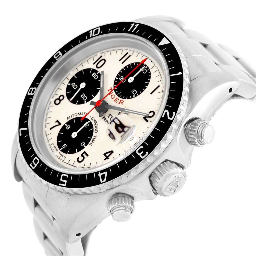 The image shows a Tudor Tiger 79270 Men's Stainless Steel White Dial 79270 Men's Stainless Steel White Dial model watch at an angled view, highlighting the bezel, dial, crown, and pushers.