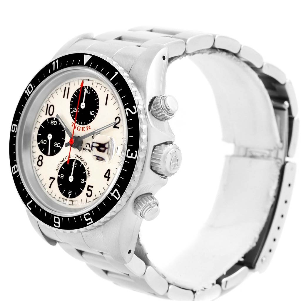 The image shows a Tudor Tiger 79270 Men's Stainless Steel White Dial 79270 Men's Stainless Steel White Dial model watch from a three-quarter angle, highlighting the face, bezel, crown, and pushers.