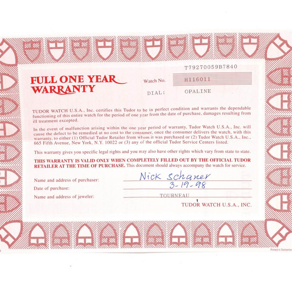 This is a warranty certificate for the Tudor Tiger 79270 Men's Stainless Steel White Dial 79270 Men's Stainless Steel White Dial model watch, showing details like purchase date, jeweler's name, and warranty terms.