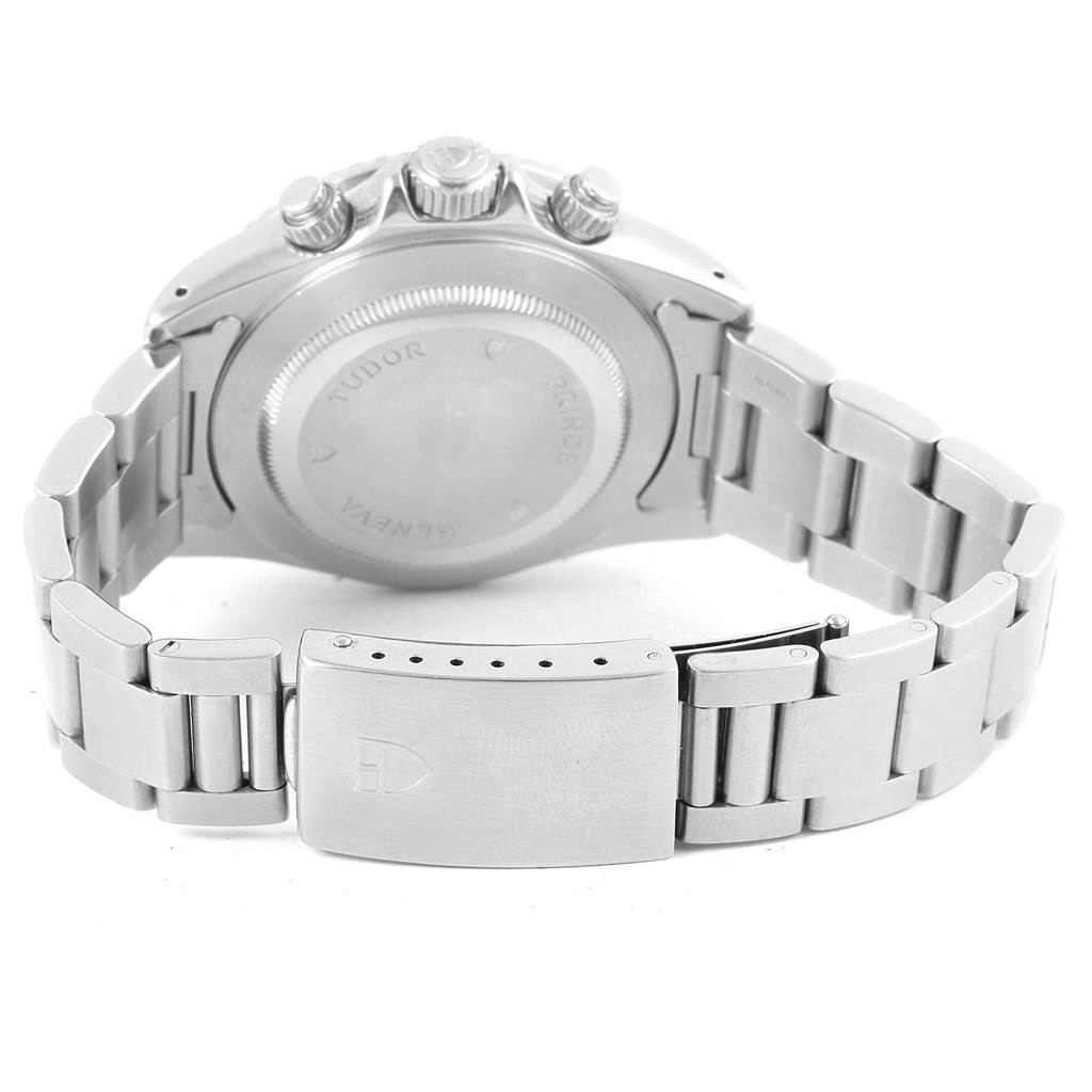 The image shows the back case and metal strap of the Tudor Tiger 79270 Men's Stainless Steel White Dial 79270 Men's Stainless Steel White Dial model watch from a rear angle.