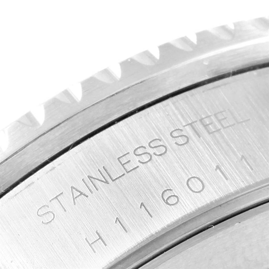 The image shows a close-up of the back case of a Tudor Tiger 79270 Men's Stainless Steel White Dial 79270 Men's Stainless Steel White Dial model watch, highlighting the stainless steel material and serial number.