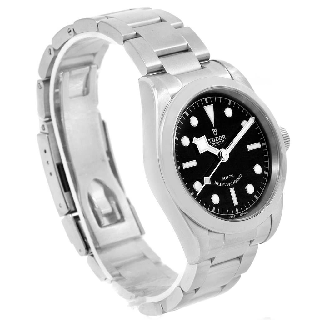 This Tudor Heritage Black Bay 79500 Men's Stainless Steel Black Dial 79500 Men's Stainless Steel Black Dial watch is shown at a three-quarter angle, displaying the face, bracelet, and clasp.
