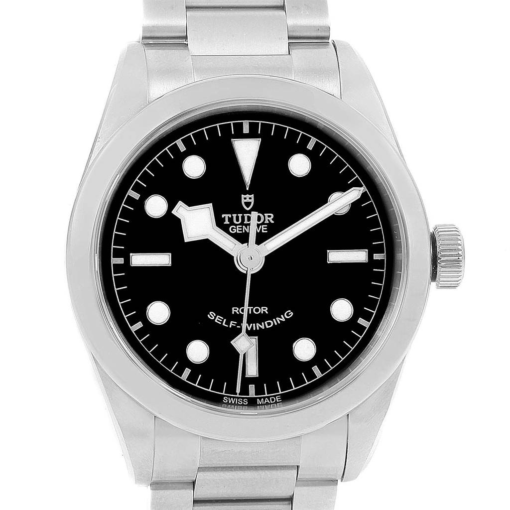 This image shows a front view of a Tudor Heritage Black Bay 79500 Men's Stainless Steel Black Dial 79500 Men's Stainless Steel Black Dial watch, highlighting its face, bezel, and part of the bracelet.