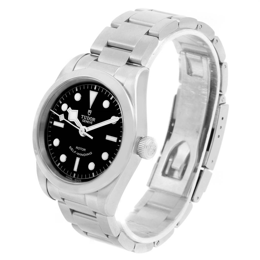 The image shows a side and front angle of the Tudor Heritage Black Bay 79500 Men's Stainless Steel Black Dial 79500 Men's Stainless Steel Black Dial watch, highlighting the bracelet, dial, and crown.