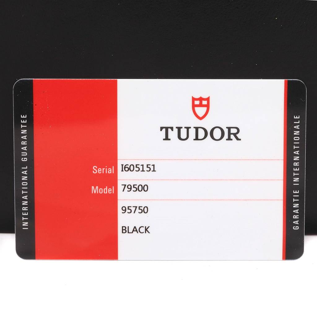 The image shows the warranty card for a Tudor Heritage Black Bay 79500 Men's Stainless Steel Black Dial 79500 Men's Stainless Steel Black Dial model, displaying serial and model numbers.